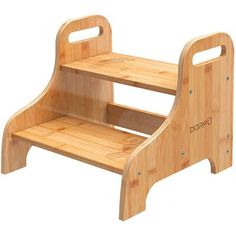 a wooden step stool with two levels on the bottom and one level up to the top