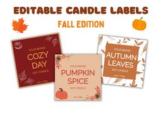 three fall candles are shown with the words, autumn leaves and pumpkin spice