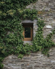 an open window in the side of a stone building with vines growing up it's sides