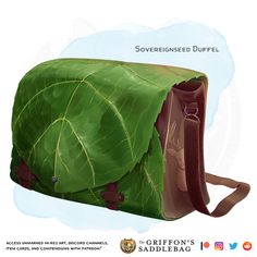 a large green leafed bag is shown with the words sovereign duffel on it