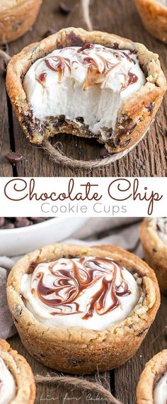 chocolate chip cookie cups with whipped cream in the middle