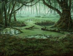 a painting of swampy area with trees and water