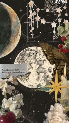 an artistic collage with stars, moon and cherries