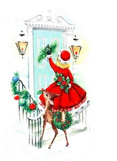 a drawing of a woman dressed up as santa claus and deer in front of a door