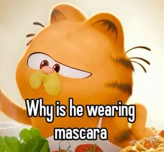 a cartoon cat eating spaghetti with caption saying why is he wearing mascara?