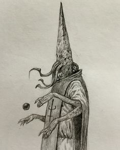 a drawing of a wizard holding an apple in one hand and standing on the other