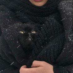 a woman holding a black cat in her arms while it is snowing on the ground