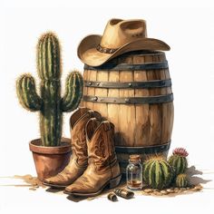 there is a cowboy hat and boots next to a barrel with cacti in it