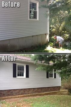 before and after photos of a house being remodeled with siding on the outside, and in the front yard