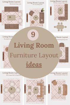 living room furniture layout with the text 9 living room furniture layout ideas in brown and pink