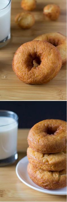 two pictures of doughnuts on a plate next to a glass of milk