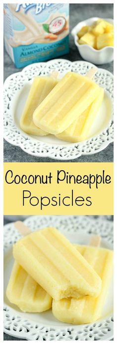 coconut pineapple popsicles on a white plate