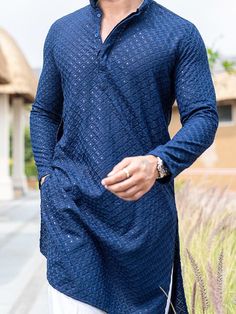 Welcome to my shop shop sifatart   We deal with a variety of clothes viz Indian kurta , African clothing, beautiful clothing with links on the hands. Men Chikankari Suit, Mirror work Kurta men's, men's tunic, men's fashion Give yourself the best ethnic look by wearing this Top and Bottom Set. Made of rich cotton blend fabric this regular-fit set comprises a full-sleeved Indian kurta This outfit with Morris will look apart on special occasions. material 100%  Cotton Chikankari Color:  Blue Chikan Best Kurta Pajama Design For Men, Men Kurta Designs Style Mirror Work, Kurta For Man Design, Traditional Mens Outfit, Chicken Work Kurta Designs Men, Chikankari Suits Men, Lakhnawi Kurta For Men, Party Kurta For Men, Fashionable Outfits Men