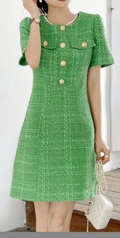 Green tweed wool midi dress with long sleeves and front buttons. Perfect for spring and winter to keep you warm. Korean fashion elegant dressy classy style for women and lady. Tight fit. Korean Fashion Elegant, Tweed Dresses, Green Tweed, Semi Formal Dresses, Elegant Ladies, Classy Style, Dress With Long Sleeves, Tweed Dress, Fashion Elegant