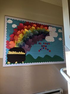 a painting on the wall with clouds and a rainbow