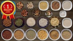 several bowls filled with different types of food on top of a wooden table next to each other