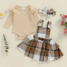 Includes: Onesie, Dress, & BowMaterial: Cotton BlendGender: GirlsPattern: PlaidSleeve Length: LongSummary: Baby Toddler Long Sleeve Solid Ribbed Ruffle Onesie with Plaid Overalls Dress & Bow 3 Piece Outfit Plaid Overalls, Newborn Dress, Toddler Christmas Outfit, Plaid Skirt Set, Overalls Dress, Mommy And Me Dresses