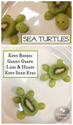 some green grapes and kiwi seeds on a white plate with the words sea turtles