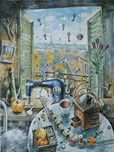 an artistic painting of a kitchen scene with oranges and other things on the table