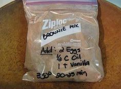 a bag of ziploc brownie mix sitting on top of a wooden table