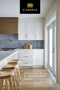 Image features a light kitchen, complete with white cabinets, blue tile backsplash and light wood flooring. Explore dreamworthy blue kitchen ideas. Blue Quartz Countertops, Contrast Palette, Cape Kitchen, Blue Kitchen Ideas, Kitchen 2025, Condo Inspiration, Fruit Pictures, Greenwich House, Florida Kitchen