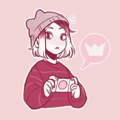 a girl holding a camera with a speech bubble above her head that says i love you