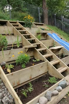 an outdoor garden with raised wooden steps and plants growing in the ground, along side a fence