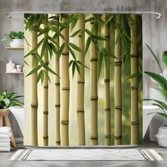 a shower curtain with bamboo trees in the background