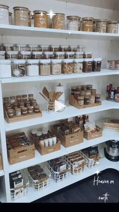 shelves filled with lots of different types of food and containers on top of each shelf