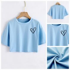 Brand New Without Tags A Size Large Or Fits An 8 To A 10 Polyester And Elastane Material 20" Across Armpit To Armpit 15"Long From Top Of Shoulders Down A Pretty Baby Blue Color Baby Blue Color, Baby Blue Colour, Shein Tops, Crop Tee, Heart Print, Tee Shop, Baby Blue, Style Me, Blue Color