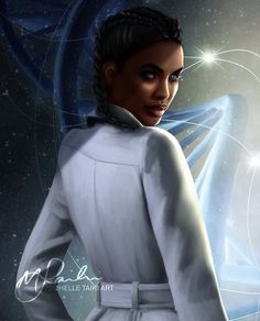 a digital painting of a woman wearing a white coat and holding her hands on her hips