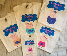 three t - shirts with pep the pig and daddy pig on them, all printed in different colors