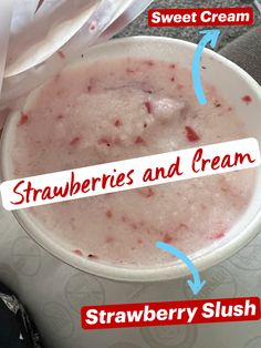 strawberries and cream in a white bowl with the words strawberry slush on it