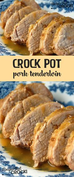 crock pot pork tenderloin on a blue and white plate with caramel sauce