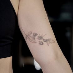 a woman's arm with a pine cone and leaves tattoo on the left forearm