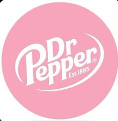 the dr pepper logo is shown on a pink circle with white letters and a black border