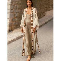 Bohemian Geometric Pattern Kimono Robe - SHExFAB Silk Kimono Dress Outfit, Slip Dress With Kimono Outfit, Kimono Wedding Guest Outfit, Long Kimono Outfit With Dress, Long Kimono Outfit Dressy, Maxi Kimono Outfit, Kimono Over Dress, Boho Kimono Outfit, Plus Size Beach Wear