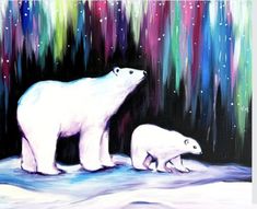 two polar bears standing in the snow with an aurora bore behind them, painted on canvas