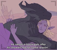 a woman laying on top of a bed next to a black cat with the caption he needs a back pats after his showers too for some reason