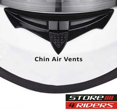 the side view of a white and black motorcycle helmet that reads, chin air vents