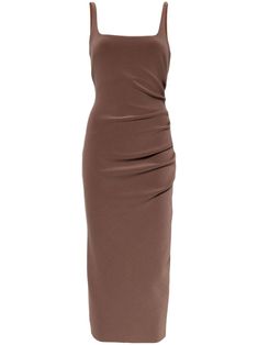 chocolate brown stretch-design gathered detailing square neck thin shoulder straps sleeveless low back mid-length Midi Dress Brown, Draped Midi Dress, Draped Midi Dresses, Bec Bridge, Bec & Bridge, Yoko London, City Dress, Summer Beach Wear, Fitted Silhouette