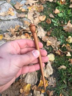 a person holding a wooden stick in their left hand with leaves on the ground behind them