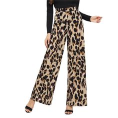 These leopard print pants bring some fabulous flare to your wardrobe. Featuring a mid-waist and fared legs with a flat front. These pants pair perfectly with a bodysuit, blouse or sweater; perfect in and out of the office. Made with a polyester blend for comfort and style. Chic Leopard Print Pants For Work, Chic Leopard Print Workwear Bottoms, Trendy Leopard Print Pants For Work, Leopard Print High Waist Bottoms For Work, High Waist Leopard Print Bottoms For Work, Trendy Non-stretch Leopard Print Pants, Chic Leopard Print Bottoms For Fall, High Waist Leopard Print Fall Pants, Leopard Print Wide Leg Bottoms For Work