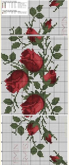 the cross stitch pattern has red roses on it and is in two different rows, each with