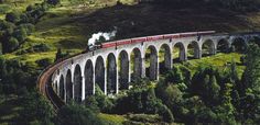 a train traveling over a bridge on top of a lush green hillside