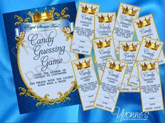 some cards with gold crowns on them and the words candy guess game written in blue