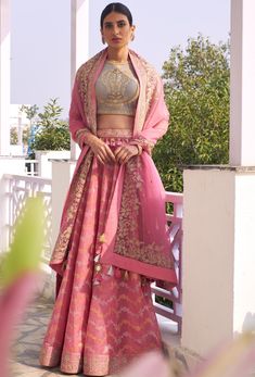 Rar Studio-Pink Chanderi Lehenga Set-INDIASPOPUP.COM Chanderi Lehenga, Prints Textile, Organza Lehenga, Lehnga Dress, Gaun Fashion, Embroidered Lehenga, Fabulous Clothes, Indian Fashion Dresses, Pakistani Outfits