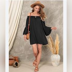 Nwt No Comment Bell Sleeve Dress Off The Shoulder Flut Sleeve Great For Summer Or Office Casual Perfect For A Wedding Black Mini Dress For Beach In Fall, Off-shoulder Black Mini Dress For Beach, Black Off-shoulder Mini Dress For Beach, Black Off-shoulder Beach Mini Dress, Black Off-shoulder Mini Dress For Vacation, Casual Black Off-shoulder Dress, Black Flowy Off-shoulder Dress, Bell Sleeve Dress, Office Casual