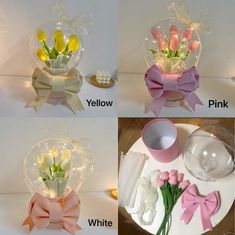 four images show different types of flowers in vases with ribbons and bows on them