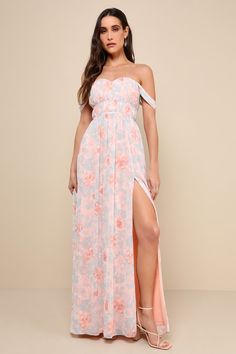 Everyone will want to make a toast to your beauty in the Lulus Exceptional Sweetness Peach Floral Off-the-Shoulder Maxi Dress! Lightweight woven chiffon, with a subtle blue-grey floral print throughout, shapes off-the-shoulder straps that frame a bodice with a sweetheart neckline, hidden side boning, and hidden no-slip strips. Empire waist tops an A-line skirt that has a sultry, thigh-high side slit and ends at a maxi hem. Hidden zipper/clasp at back. Fit: This garment fits true to size. Length: Casual Bridesmaid, Casual Bridesmaid Dresses, Floral Bridesmaid Dresses, Floral Chiffon Maxi Dress, Empire Waist Tops, Bridesmaid Dresses Long Chiffon, Floral Bridesmaid, Peach Dress, Bridal Party Dresses